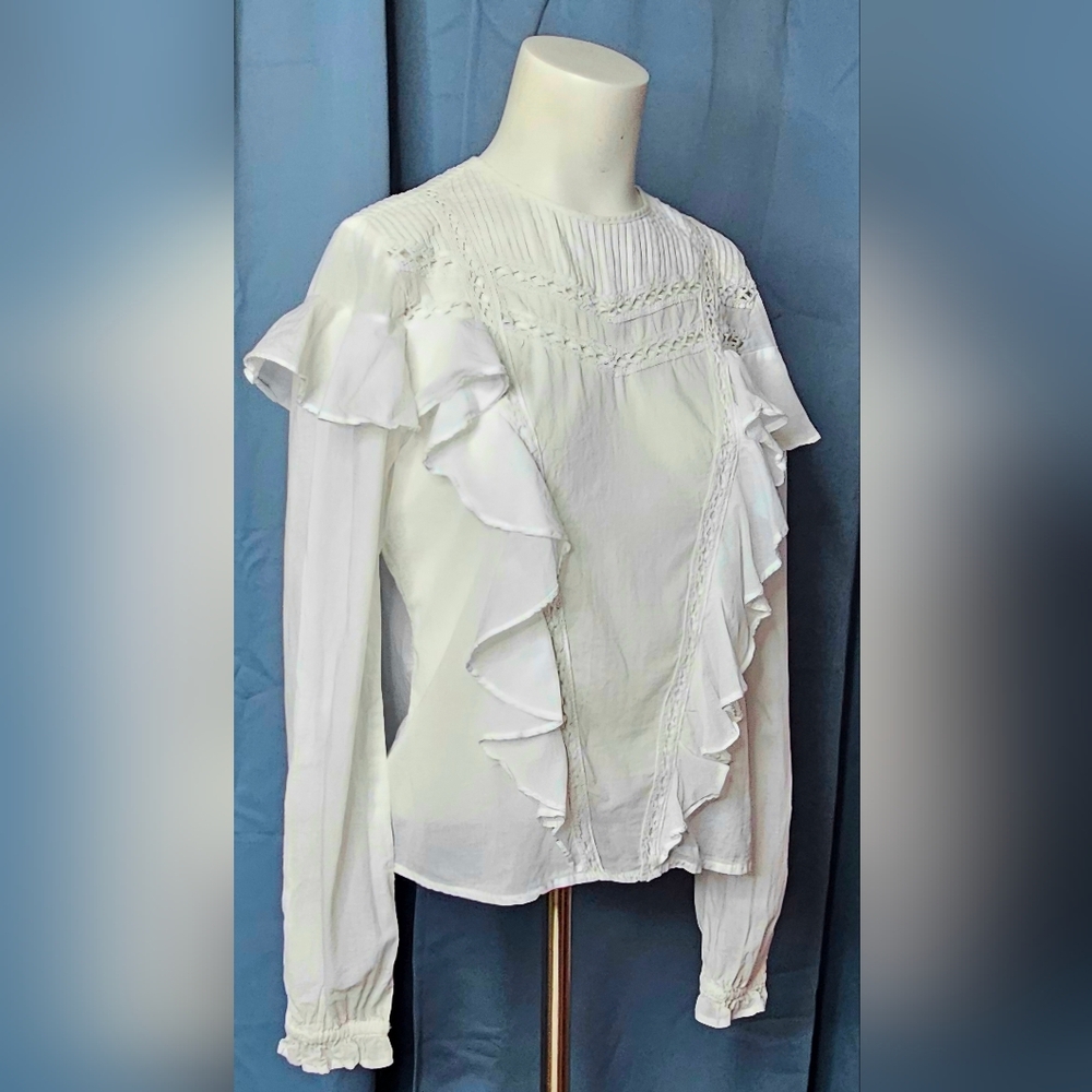 Express White Cotton Flutter Ruffle & Lace‎ Design Long Sleeve Blouse Size S/P